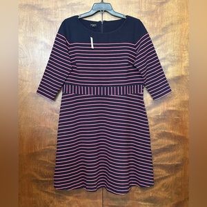 Talbots Textured Fit & Flare Dress Womens Plus 1X Navy & Pink Stripes 3/4 Sleeve